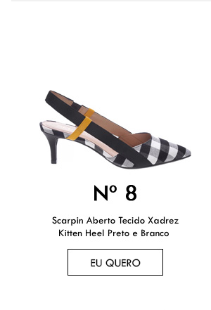 Scarpin Aberto Tecido Xadrez Kitten Heel Preto e Branco 